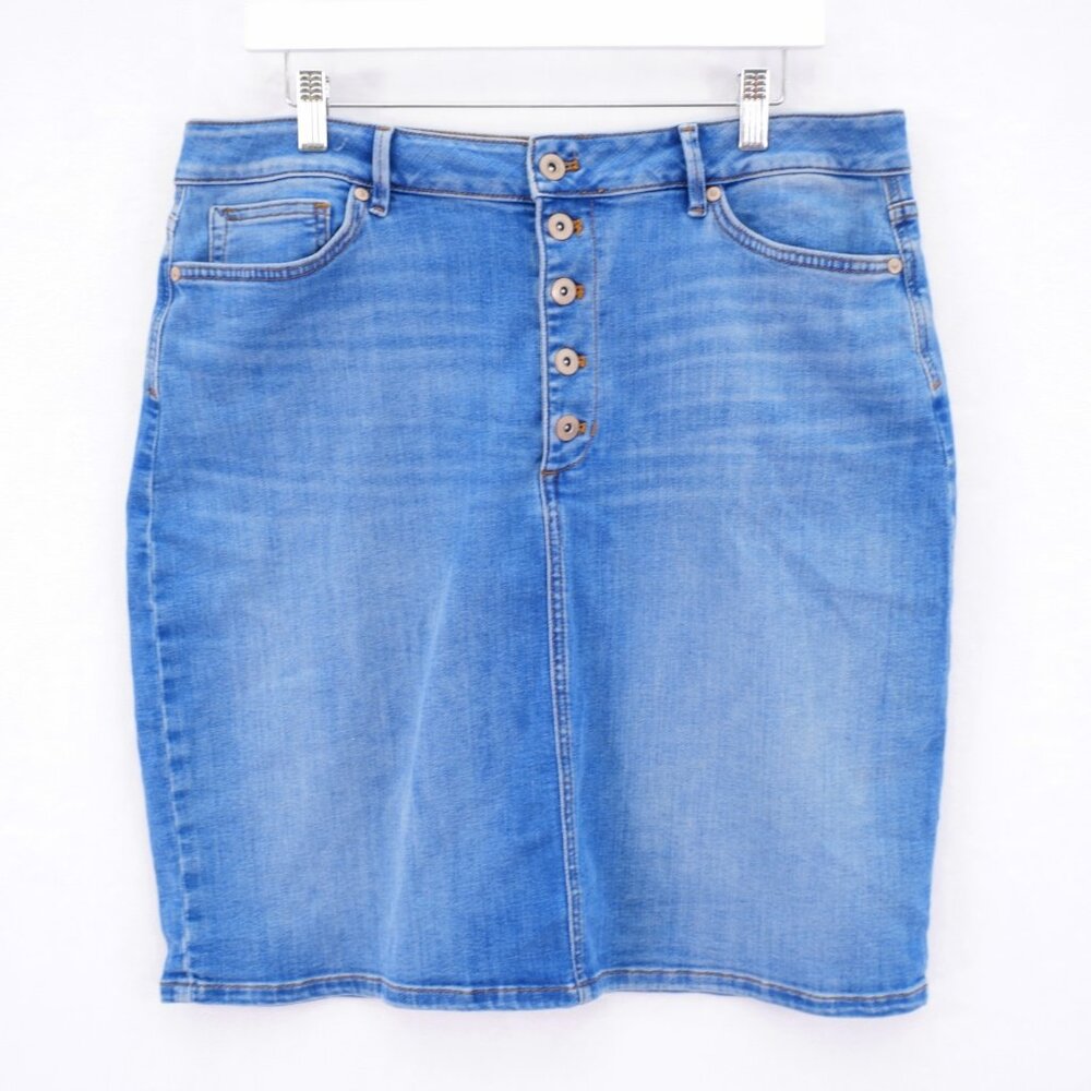 J. Jill Denim Skirt Blue Stone Wash Whisker Exposed Button Fly 35 / 22